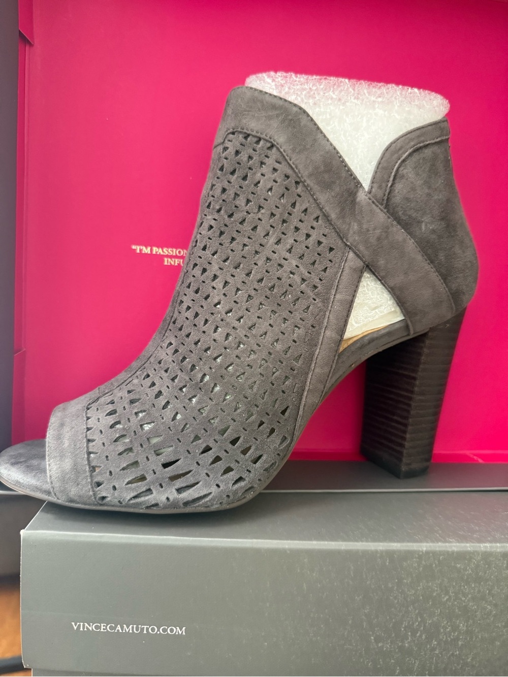 Vince Camuto - NIB - Gray Suede Perforated Peep-Toe Block Heel Bootie
